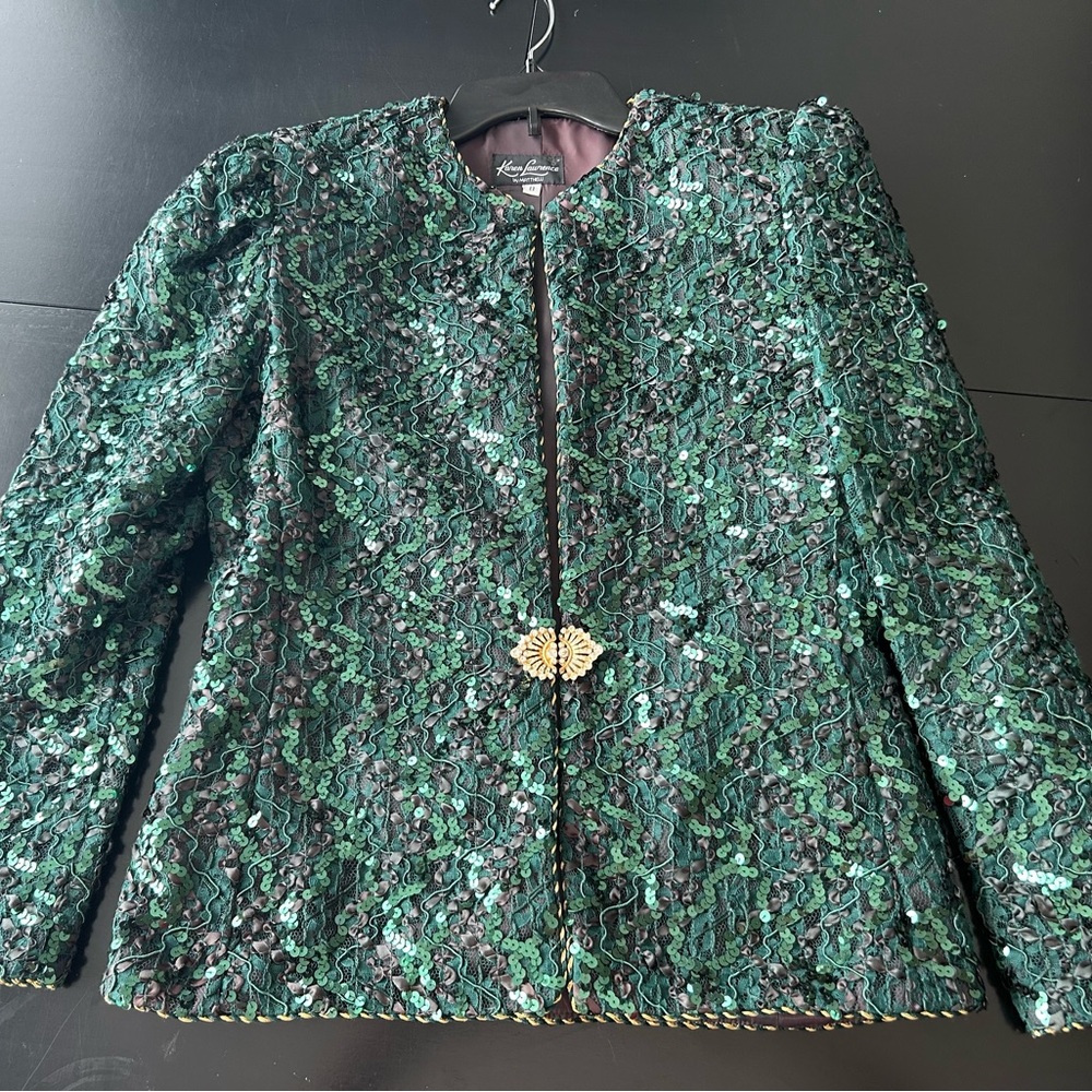Karen Lawrence By Matthew Sequin Jacket Green 8 Vintage Gold Cord Detail Glam